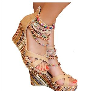 Multi-colored wedge sandals pearls across the top